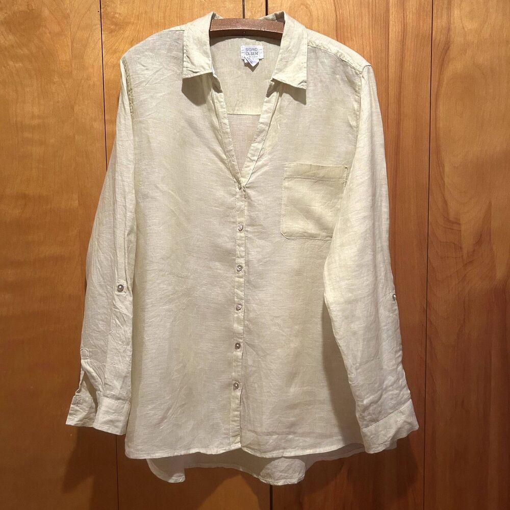 Sigrid Olsen Womens‎ XL Pale Green-Yellow Linen Blouse-Lagenlook-Beachy